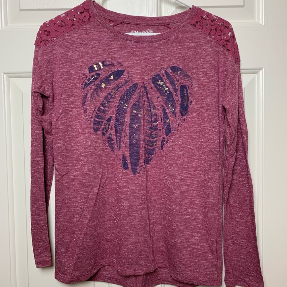 mudd feather heart mauve purple long sleeve shirt